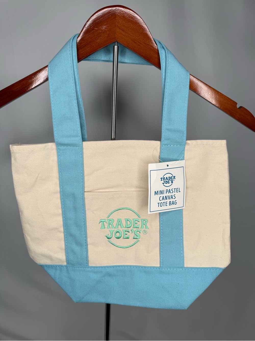 NWT Trader Joe's Cream and Light Blue Mini Canvas Tote